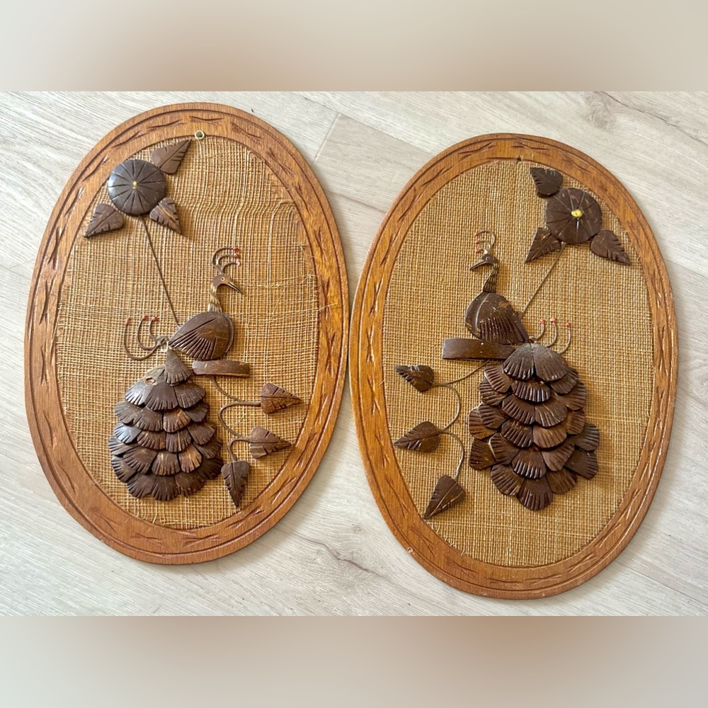 Vintage Coconut Shell Mosaic Peacock Folk Art Wall Hanging Picture (Set of 2)